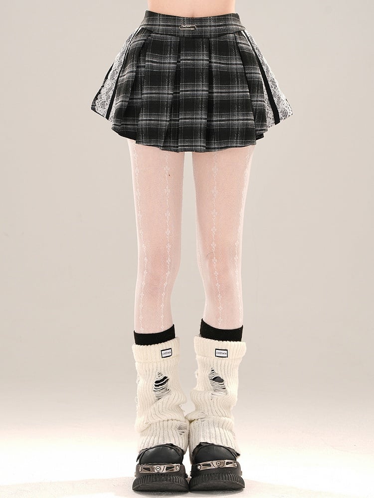 Lace Mini Skirt Accents Pleat Box Plaid Black
