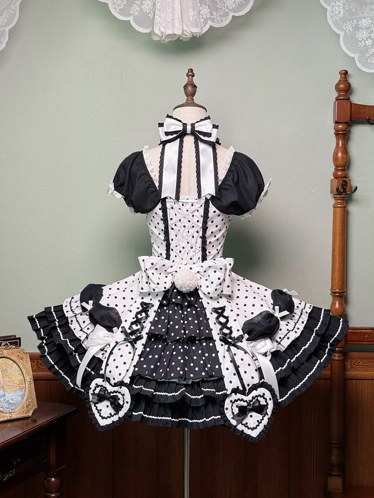 Akzente Schwarz Polka Dots Kleid Old School Schleife Weiß Lolita Neck Halter mit