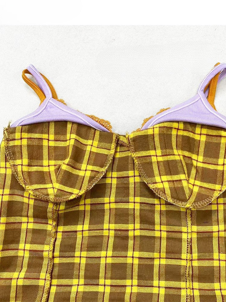 Scarf Cami Top Purple Plaid Y2K Yellow With