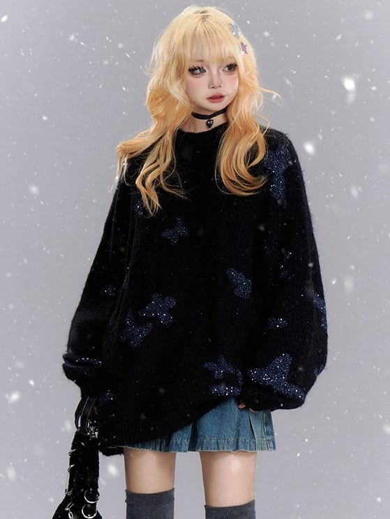 Schwarzer Pullover mit Schmetterlings-Strass