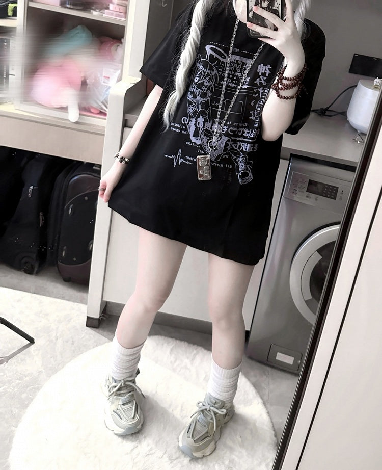 Jirai Black/White Round Neck Cyberpunk T-Shirt Print Kei Angel Cotton