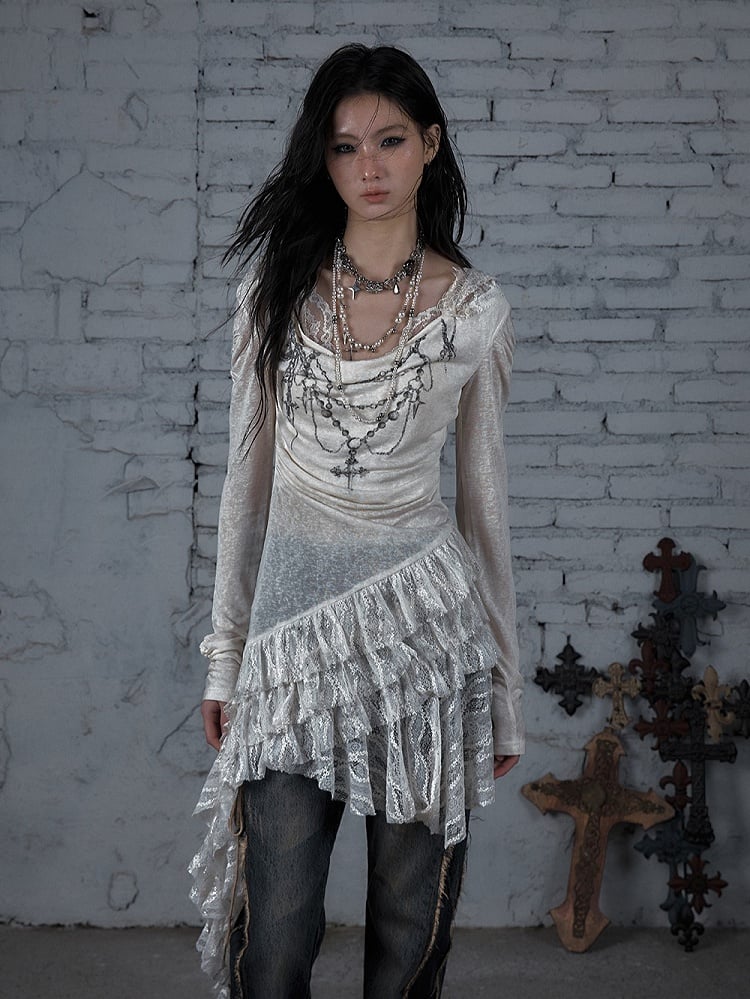 Print Hood Lace Cross Hem Tiered Punk with Asymmetric Apricot Dress