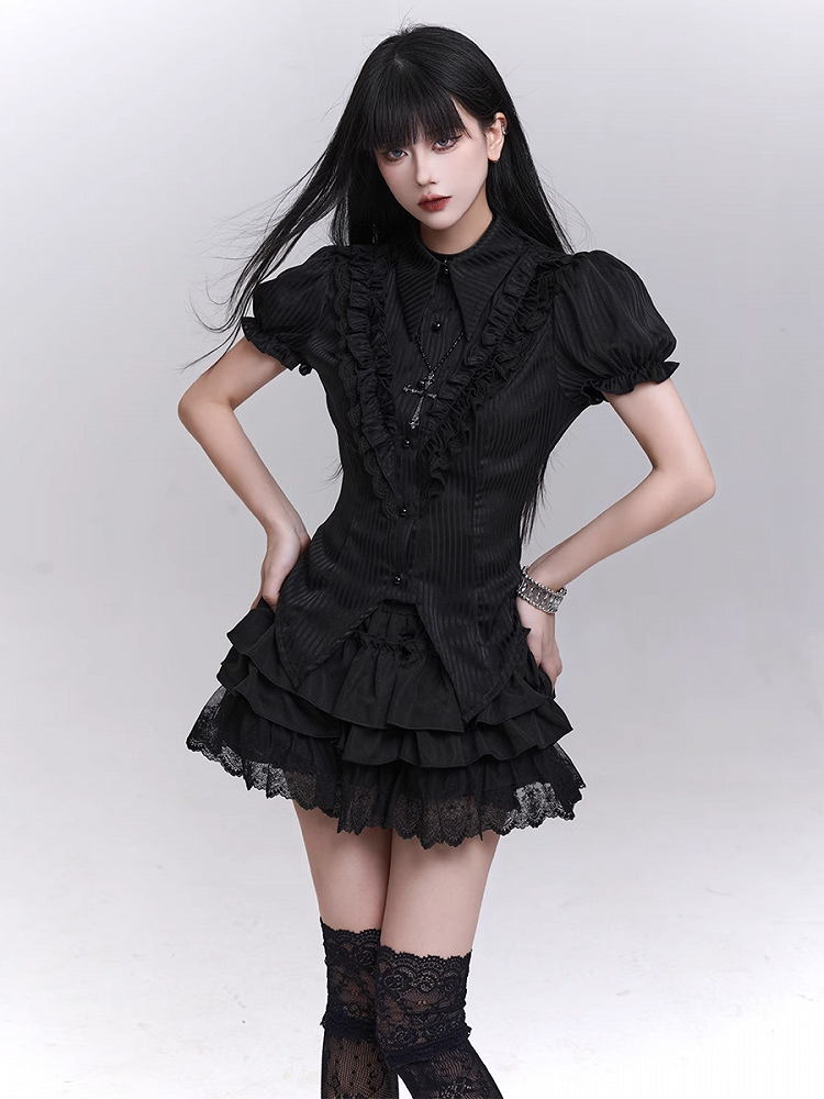 Bloomers Black Elastic Waist Lace Trim Mini Tiered Skirt Lining