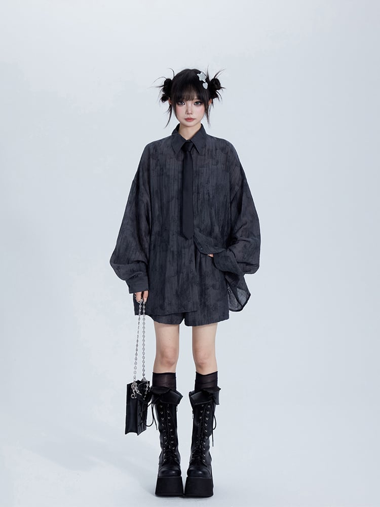 Elastic Set: Tencel Shorts Collar Polo Gray Waist Shirt with Top
