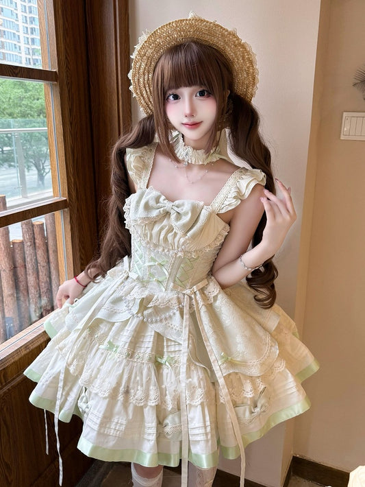 Beads Flutter Sleeves Balletcore Sweet Lolita Jumper Mint Bowknots Skirt and Green Decoration