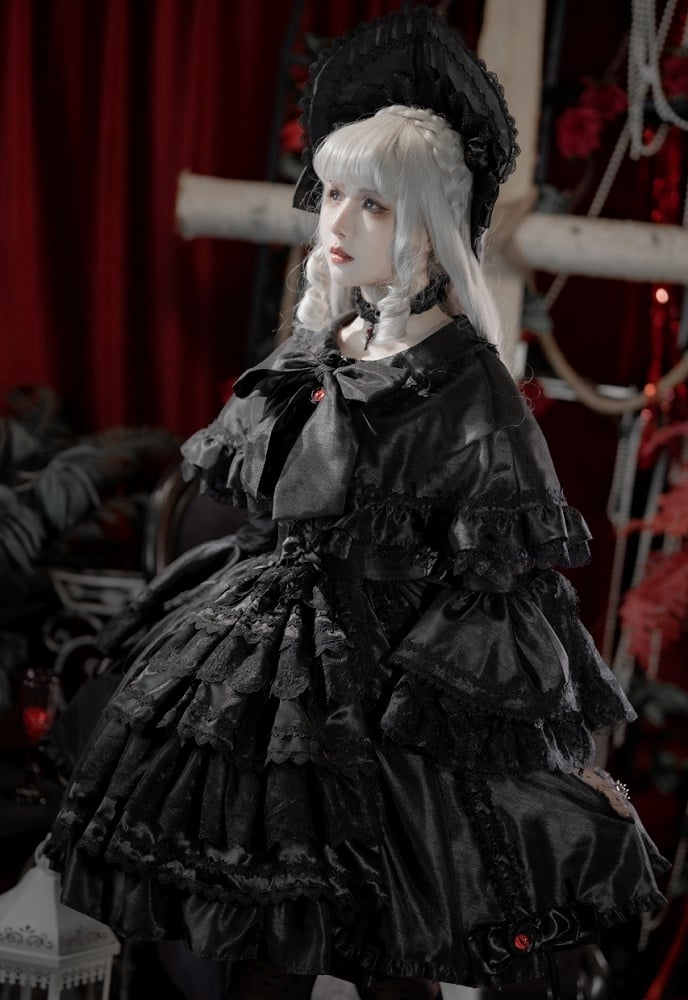 Kuro Sleeves Cape Drawstring Dress Layered Bell Gothic Skirt Lolita + Black