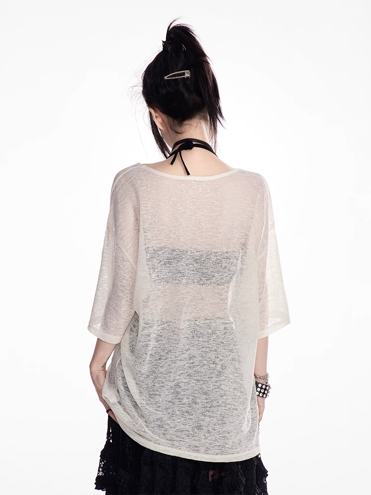 Apricot Lace-up Asymmetrical Neckline Letter Print Semi-sheer