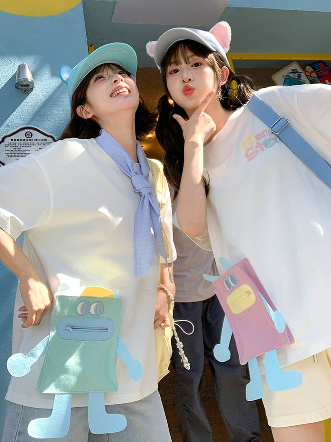 T-shirt Blue/Pink Neck Loose Cartoon Pocket White Round