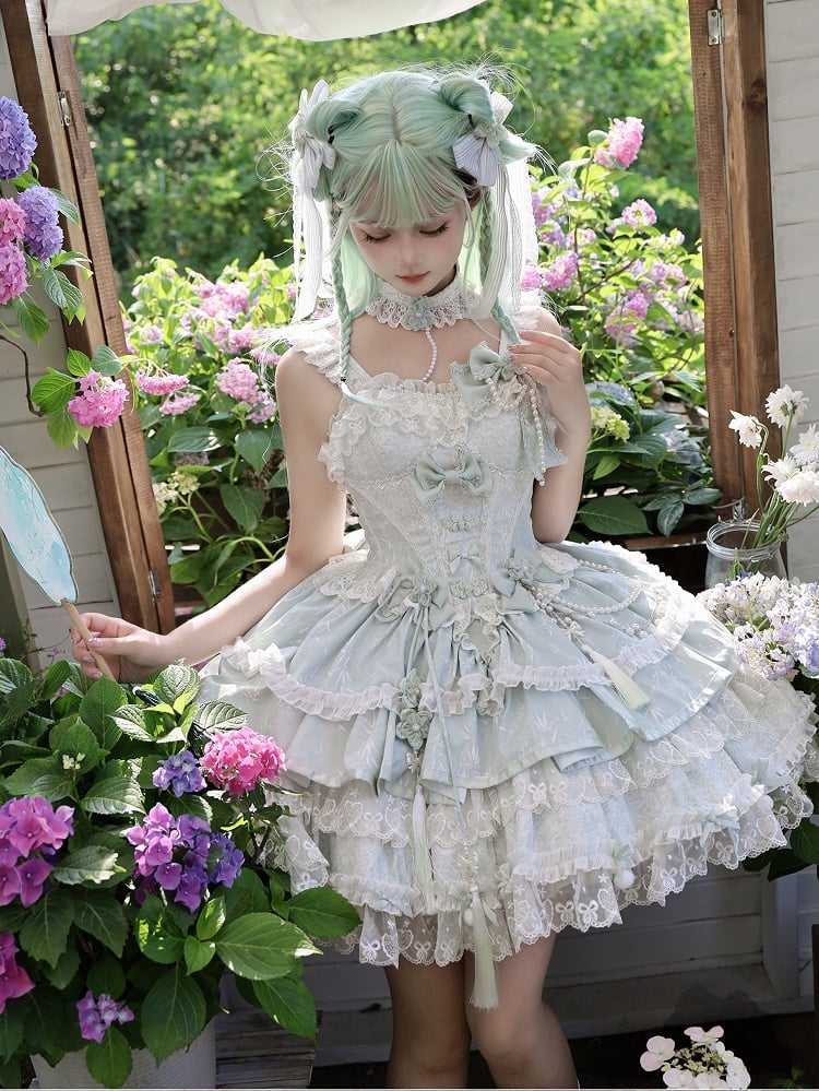 Green Bow Accents Chains and Flower Bead Qi Waist Lolita Corset Dress