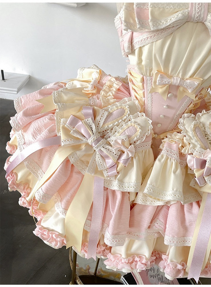 and Boned Ear Bowknot Waist Basque with Pink Skirt Dress Bunny Puffy on Sweet Yellow Design