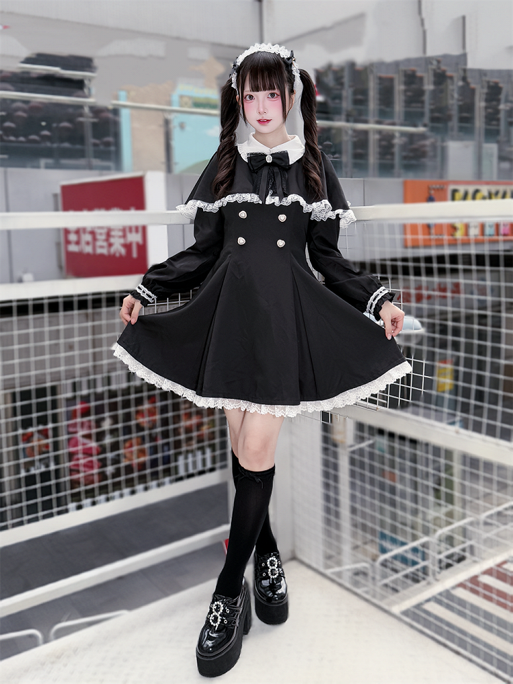 Tie Dress Kei Trim Bow Lace Winter for Free Jirai Cape White + Fall : Black
