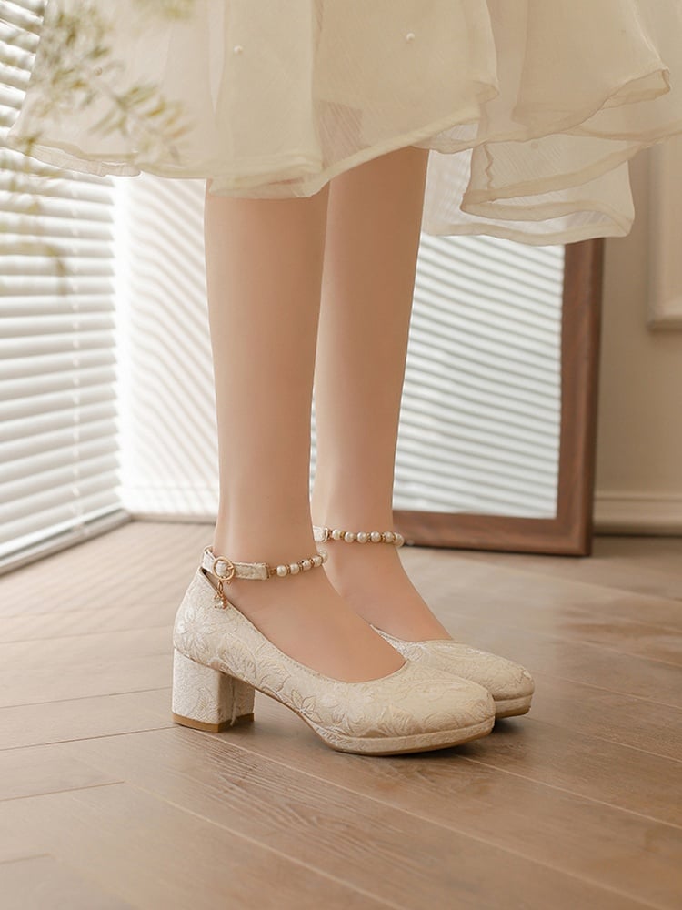 Beige Block Floral Janes Beaded 5cm Pattern Mary - Heel Lolita with Strap Qi Satin