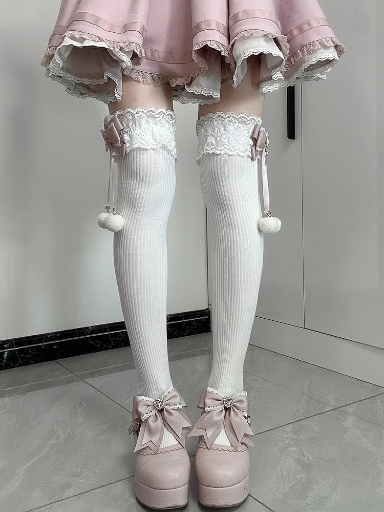 Jirai Kei Pompom-Details Spitzenbündchen Schleifen Overknee-Strümpfe