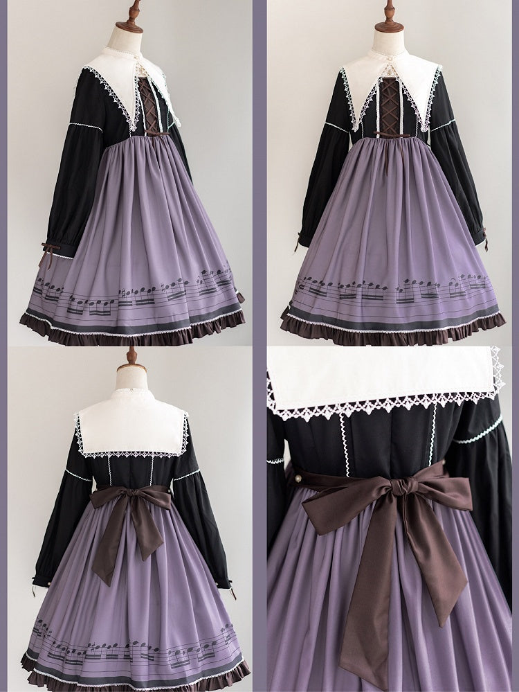 Robe Lolita d'automne violette à manches longues et col pointu séparé, motif notes de musique