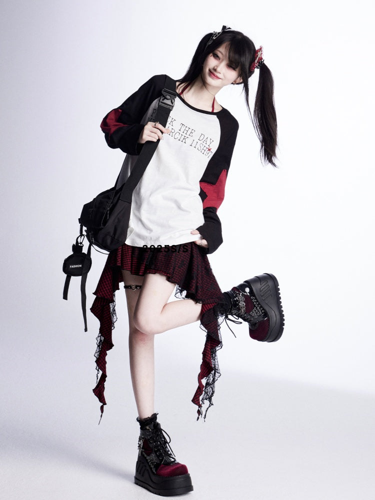 Loose Top Sleeves Black and White Colorblock Design Star Appliques