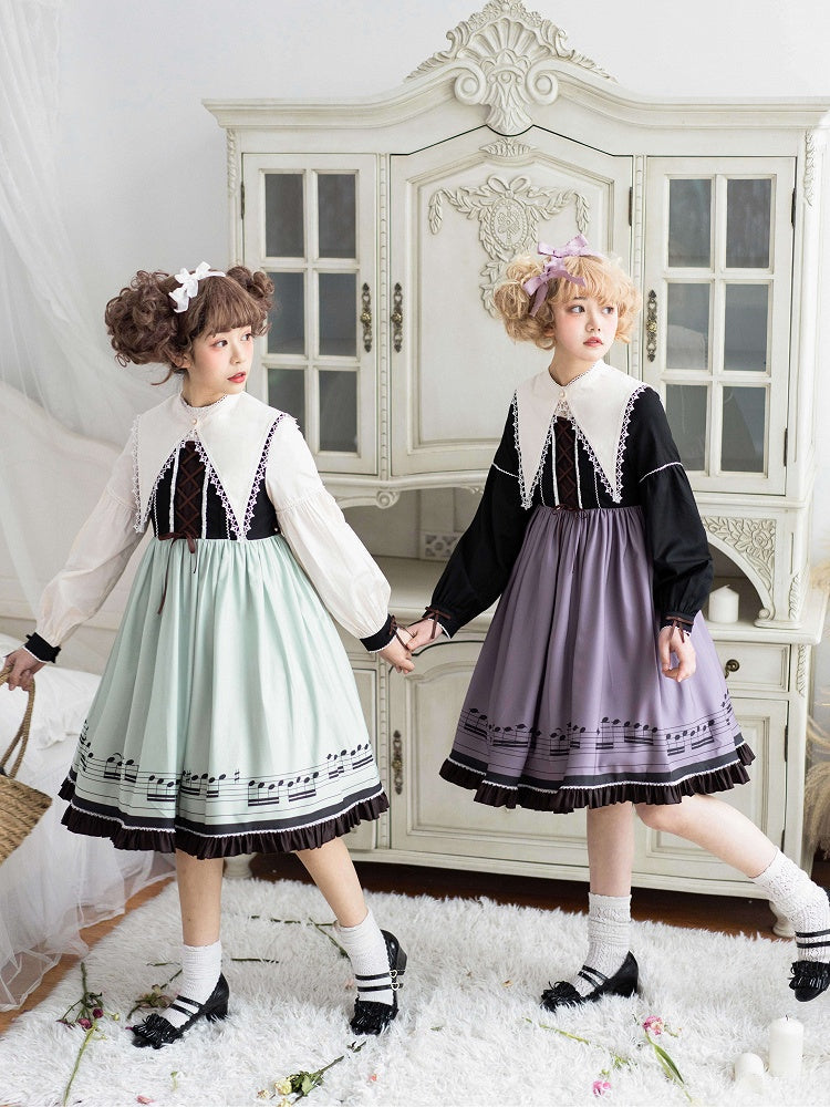 Robe Lolita d'automne violette à manches longues et col pointu séparé, motif notes de musique
