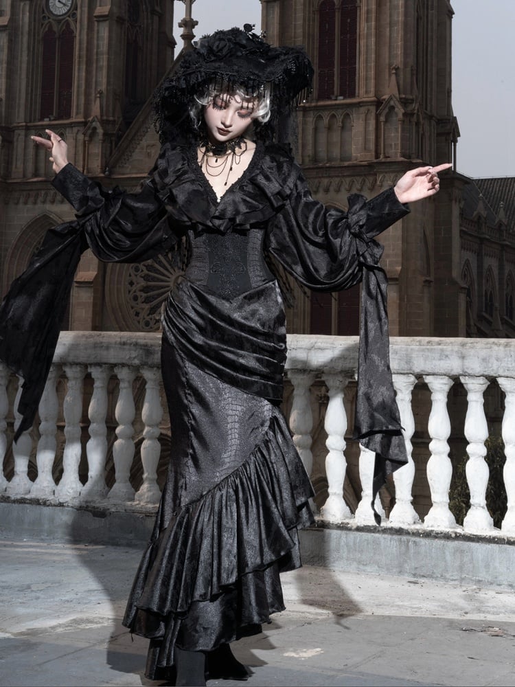 Gothic Asymmetrical Skirt Boned Waist Corset Cascading High Lolita Flounce Mermaid Hem Black