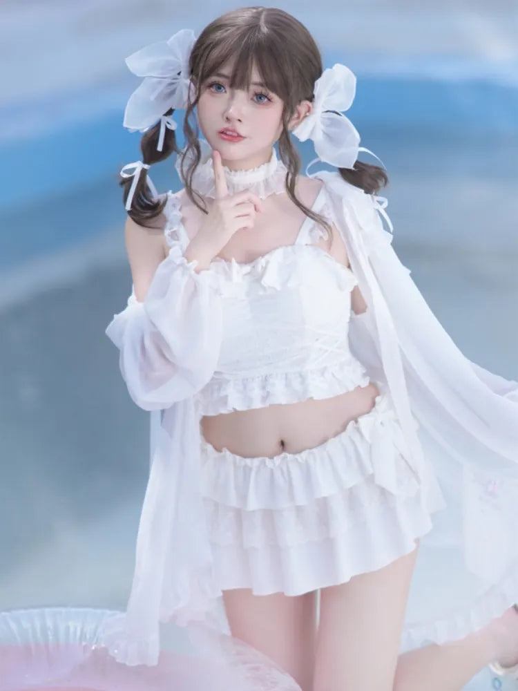 Details Tiered Trim White Bowknot Ruffle Skirt + Top Swimsuit
