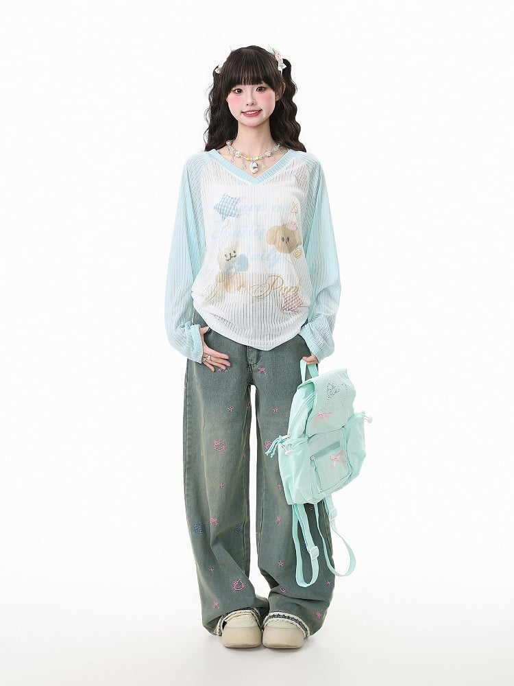 Apricot/Pink/Green Kawaii V-Neck Knit Top with Puppy Print - Long Sleeve Pullover
