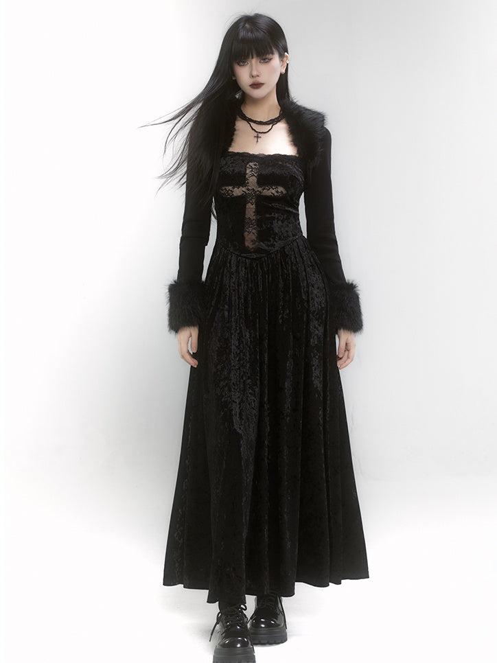 Gothic-Kreuzkleid aus schwarzem Samt mit quadratischem Ausschnitt und Spitze