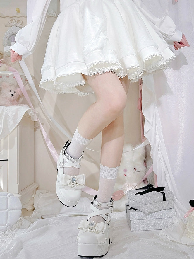 Matte Rhinestone And Bow White Block Kei at High Platform Beaded Jirai Decorated Heels Top