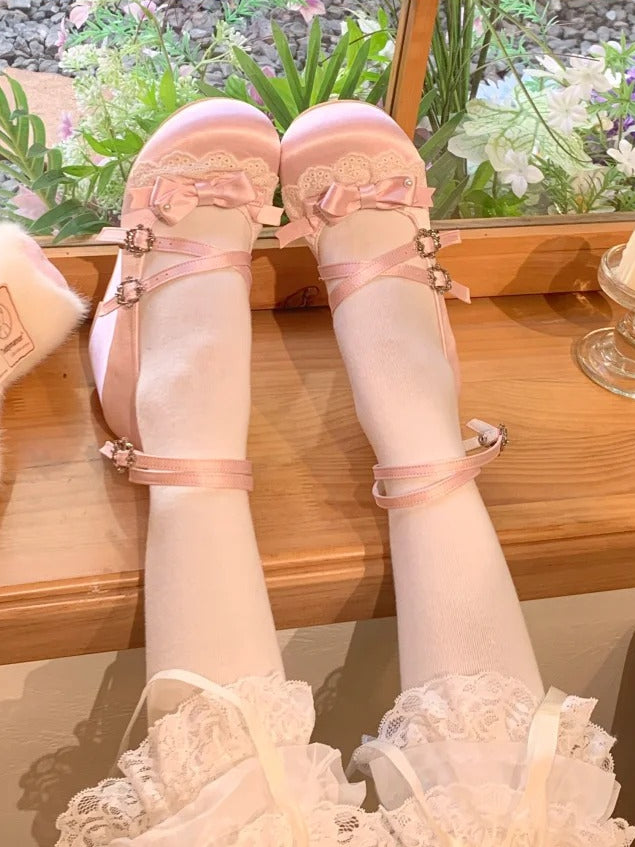 Bow Accents Lolita Sweet with Trim Wedge Crisscross Heels Lace Straps - Satin Pink