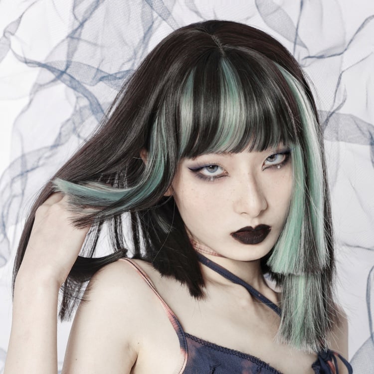 Y2K ブラック ミントグリーン ハイライト ストレート 姫カット 合成ウィッグ