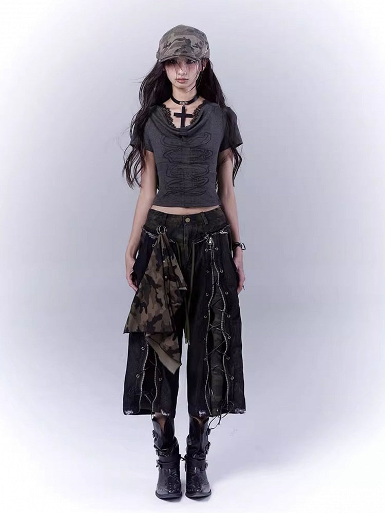 Distressed Rock Straight-leg Jeans Punk Camouflage Lace-up Front