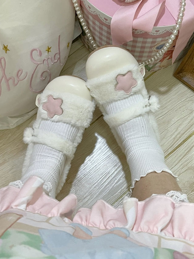Accent Beige Lolita Plush Fleece-Lined Pink Star - Snap Flats Cozy Button