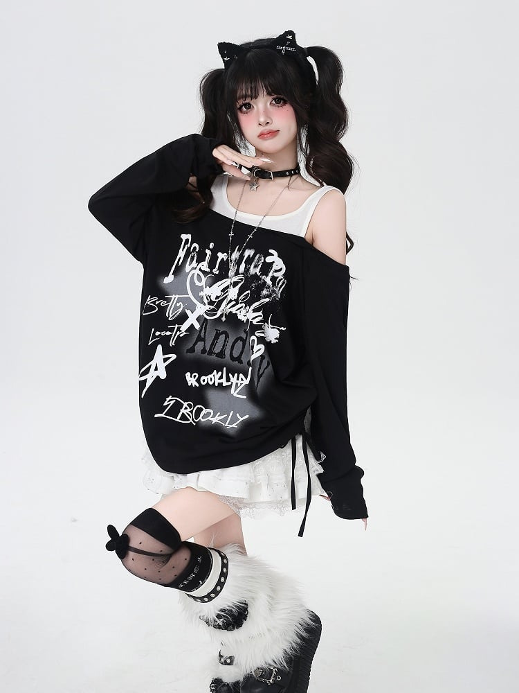 Star Y2K Print Open Shoulder Black/White Top Faux Two-pieces