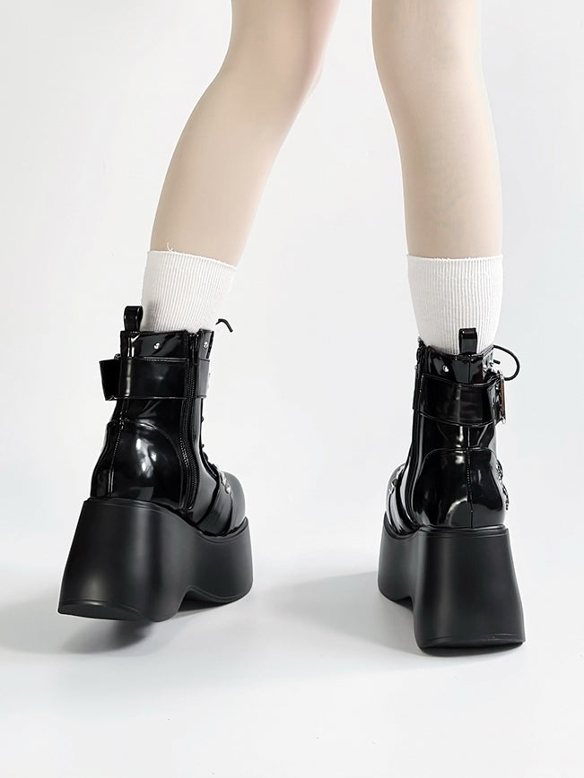 Bone with Design And Punk Studded Platform Black Lace-Up Polished Accents Details Boots PU Buckle -