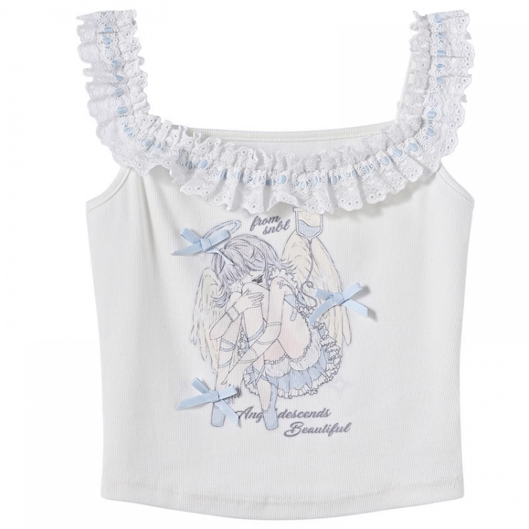 White Ruffled Square Neckline Anime Girl Print Sleeveless Top