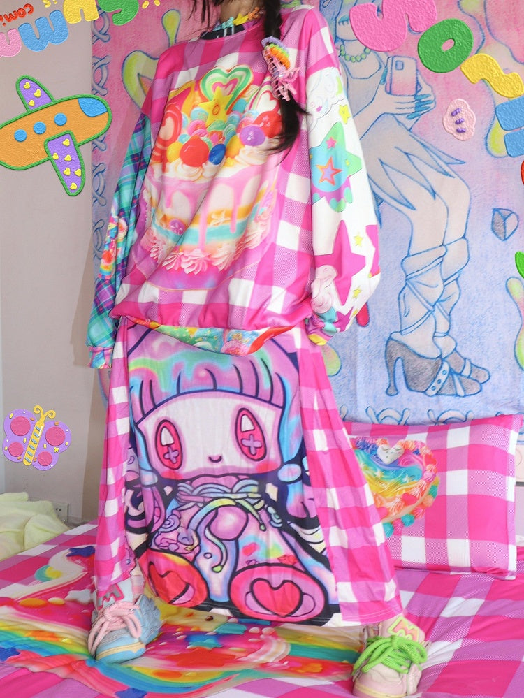 Plaid Cartoon Skirt Print Pattern Y2K Red Rose