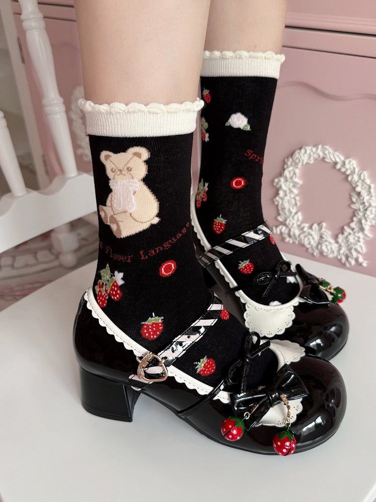 Strawberry Bear Socks Print Red/Purple/Black Lolita Calf Bunny