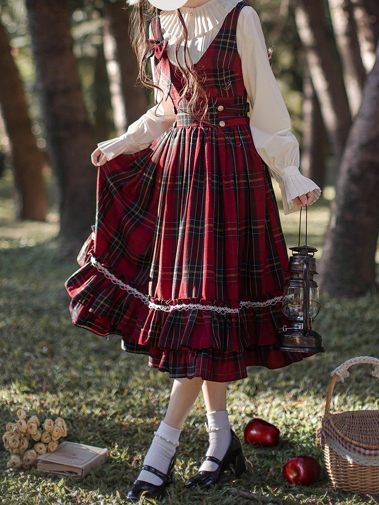 Bow Overall Plaid Dress High Red Waist Tie with