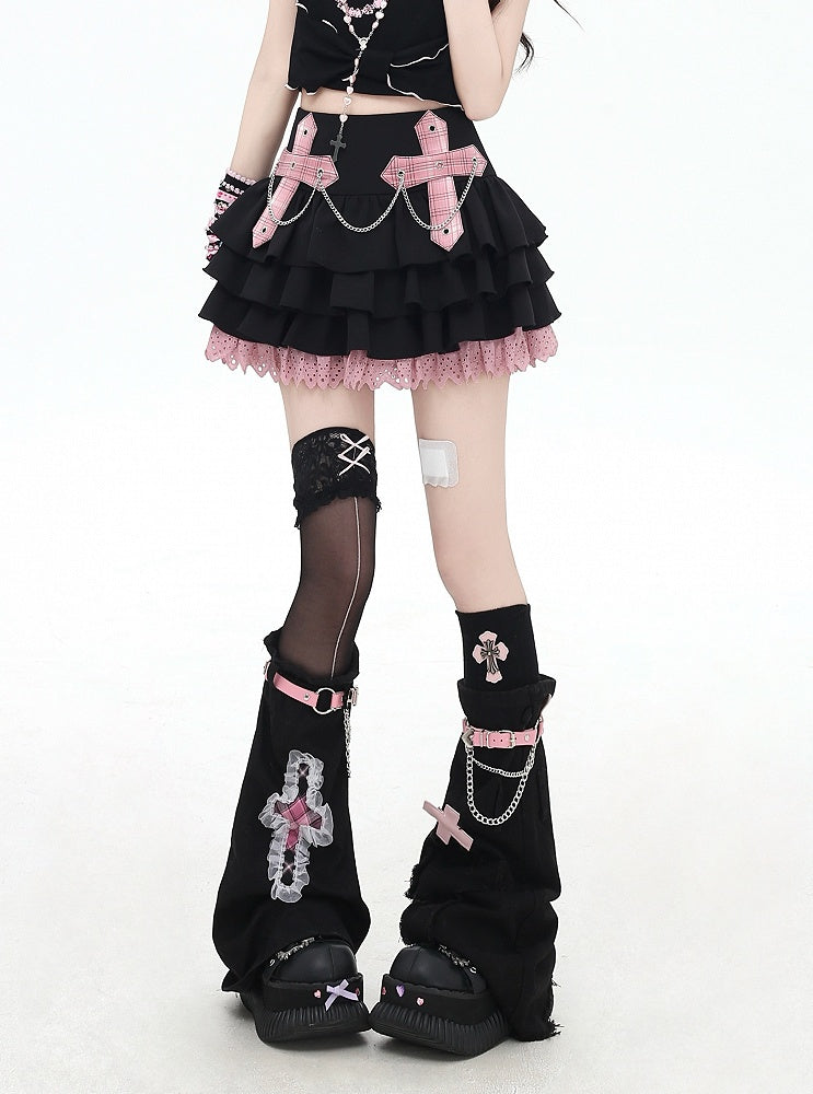 Pink/Red Plaid Cross Appliques Lace Trim Tiered Skirt Chains Decorated