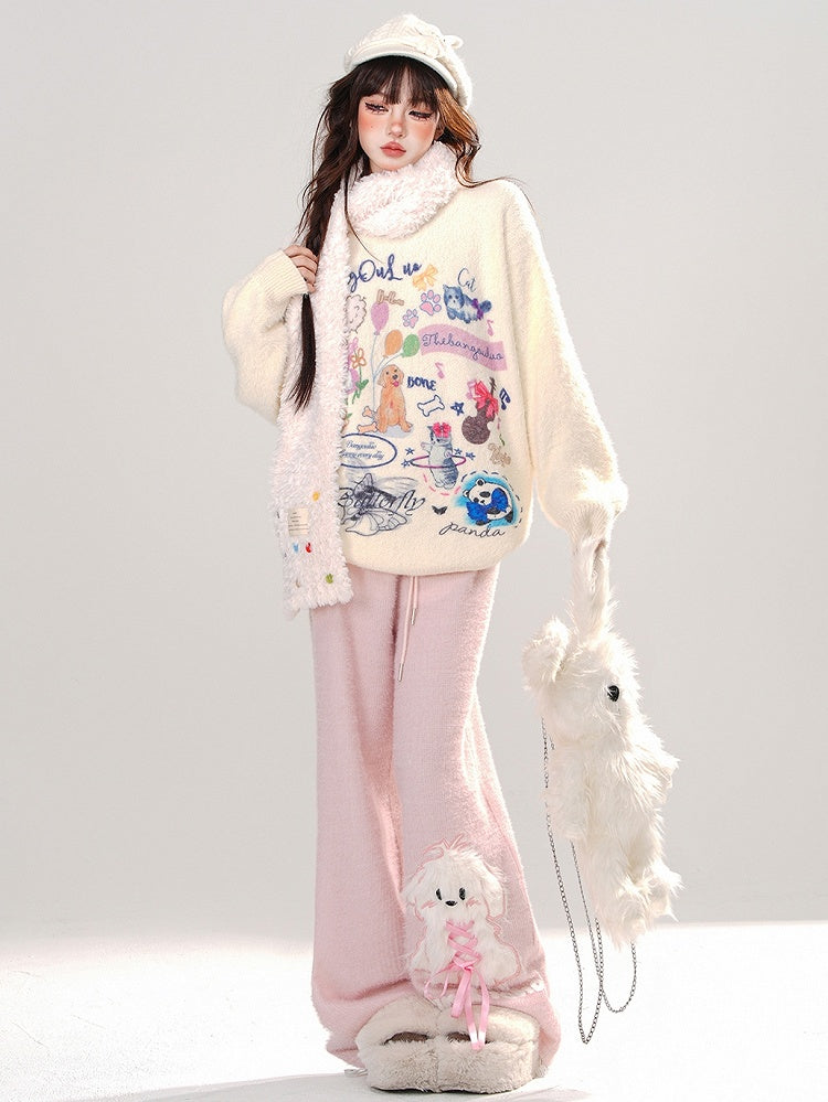 Aprikose/Pink süßer Tiermuster Mohair lockerer Pullover