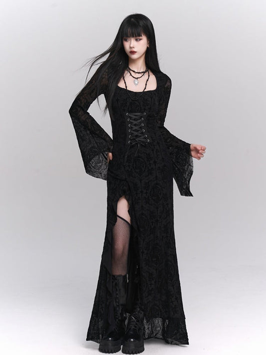 Gothic Black Bell Sleeves Side Slit Rosette Lace Dress with Lace-up Detail