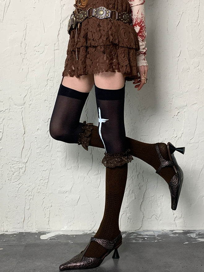 Under-knee Cuff Stockings Ruffled Brown Y2K