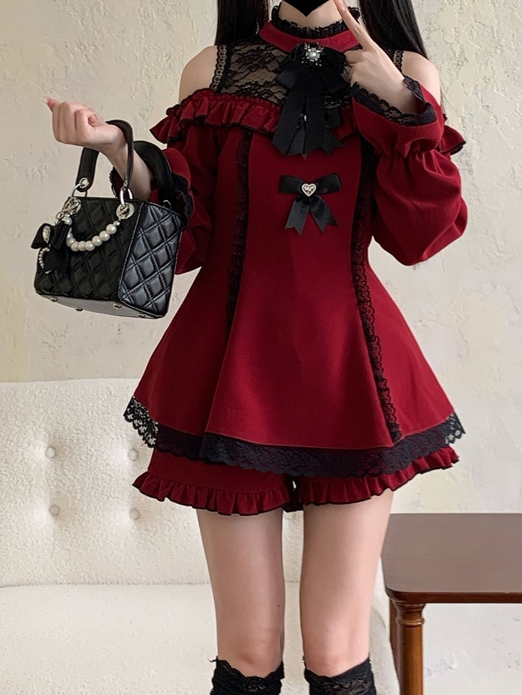Saum Jirai Kei Schwarzes Set Shorts mit Mini-Ausschnitt Cutout Schulter Illusion Rock Kleid Rot Rüschen