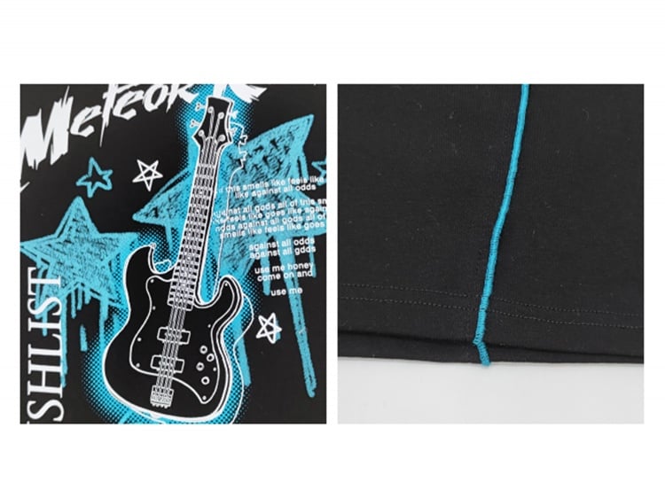 Schwarzes Punk-T-Shirt mit Gitarren- und Sternendruck