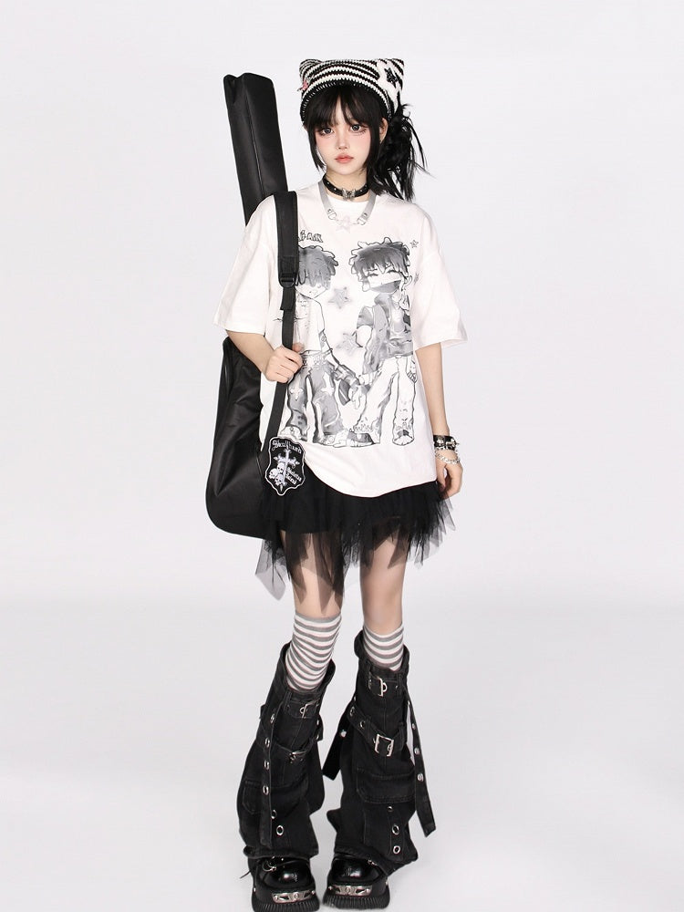 Loose-Fit Anime Character Graphic Tee - Flattering and Stylish White/Black/Pink