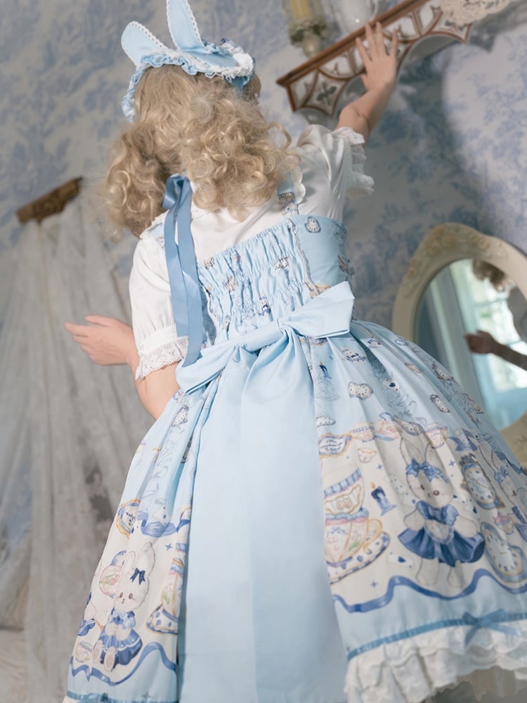 Blue Alice Bunny Lolita Dress Print Clock Sweet and
