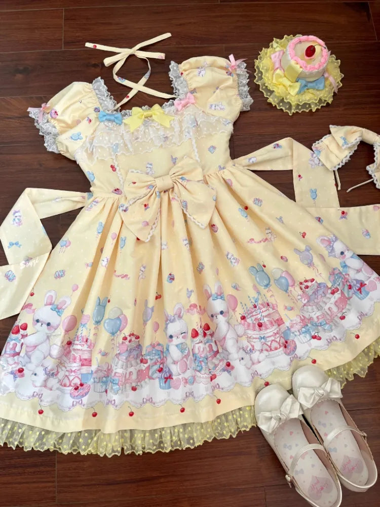 Gelbes süßes Lolita-Kleid mit kurzen Puffärmeln und Bunny and Cake