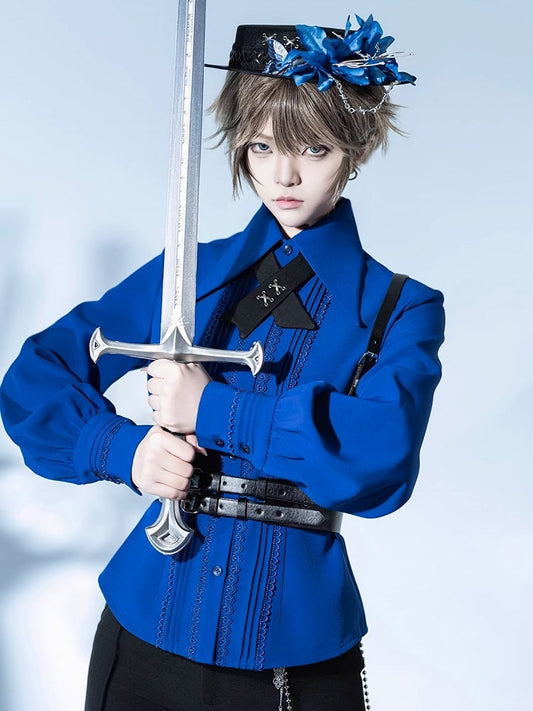 Long Klein Gray Blue and Point Collar Shirt Pleating Foldover Detailing Lace / Prince Sleeves