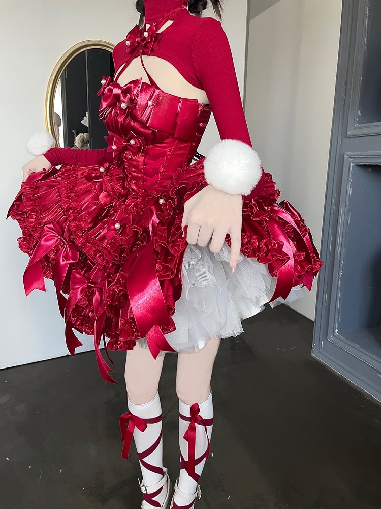 Rotes Weihnachtsoutfit, baskische Taille, Satinschleifen, trägerloses Puffkleid, kurzes Oberteil, komplettes Set