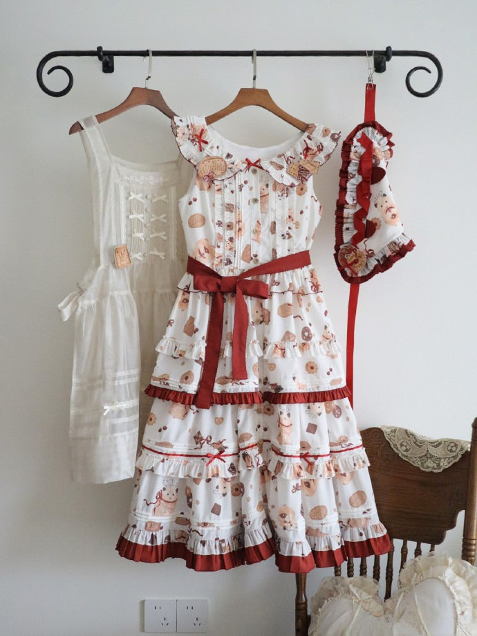 Set süßer Hamster, dreieckiges rotes Kekskleid, Kopftuch und bedruckte Lolita-Broschen, Schürze, voll + weiß