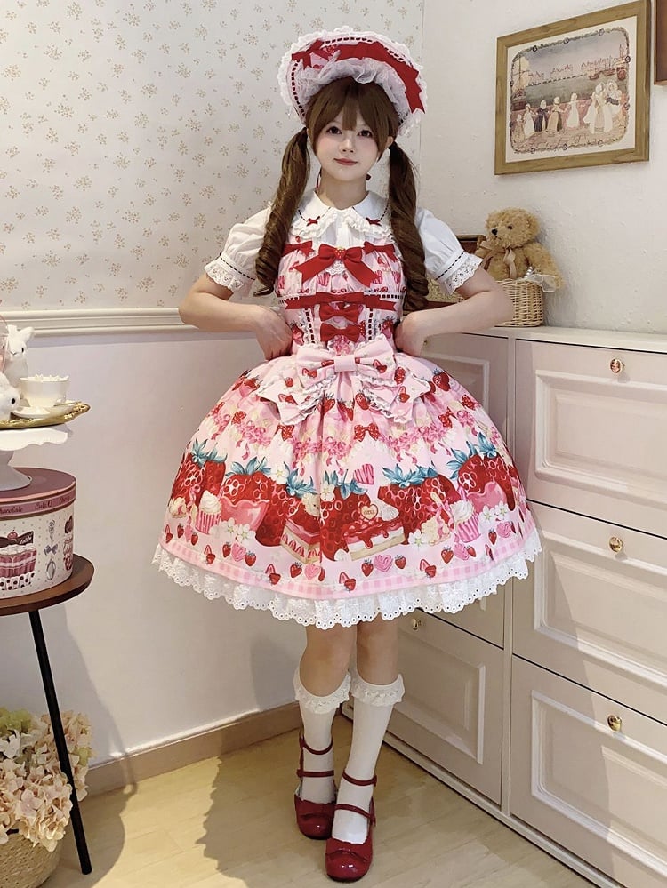 Print Strawberry Dress Pink Dessert and Lolita Sweet