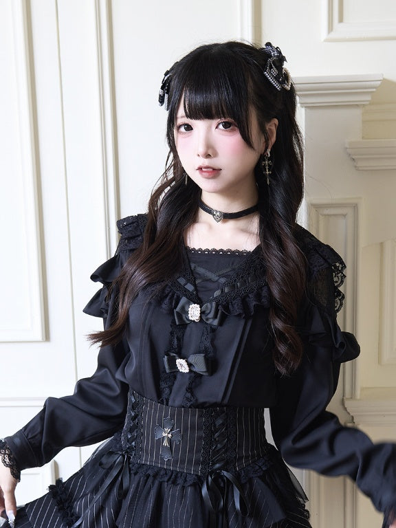 Black Rhinestones Bowknots Blouse Jirai Kei Sailor Collar Ruffled Lace Trim