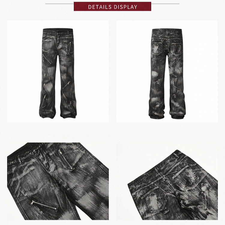 Vintage Punk Graffiti Black Low-Rise Jeans with Asymmetrical Zipper Design
